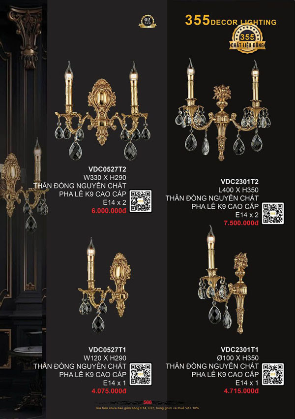 Đèn vách tường đồng 355 Decor VDC0527T1, VDC0527T2, VDC2301T1, VDC2301T2