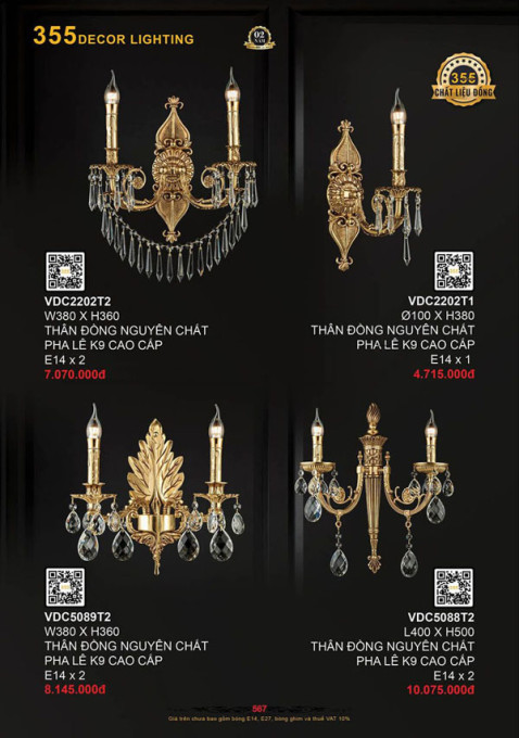 Đèn vách tường đồng 355 Decor VDC2202T1, VDC2202T2, VDC5088T2, VDC5089T2