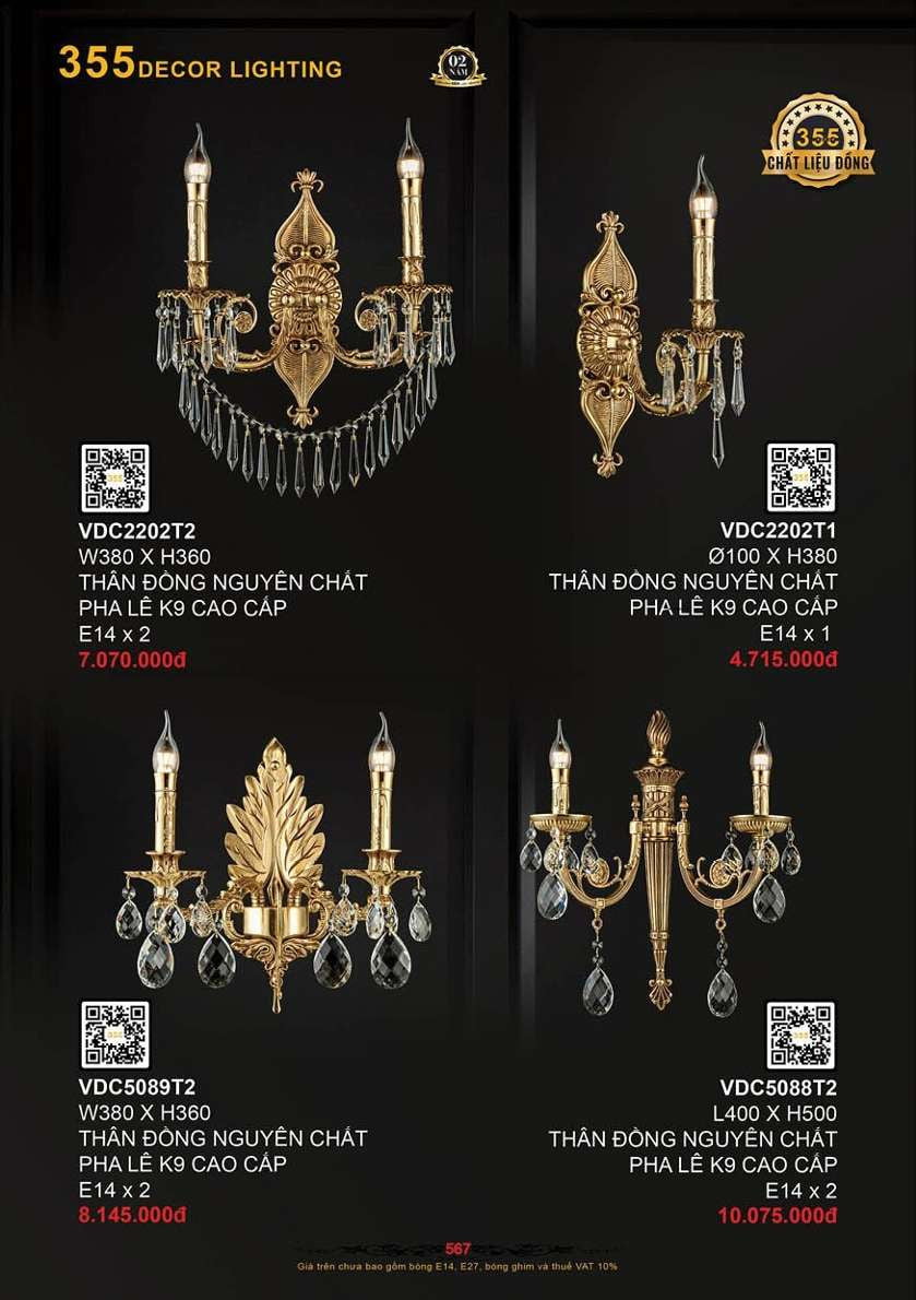 Đèn vách tường đồng 355 Decor VDC2202T1, VDC2202T2, VDC5088T2, VDC5089T2
