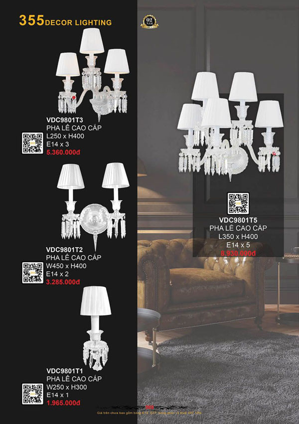 Đèn vách tường 355 Decor VDC9801T1, VDC9801T2, VDC9801T3, VDC9801T5