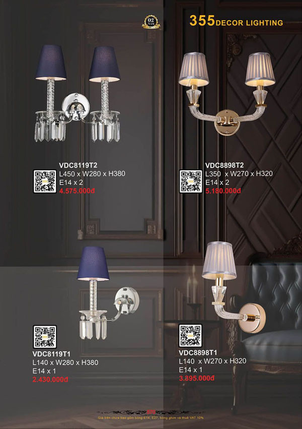 Đèn vách tường 355 Decor VDC8119T1, VDC8119T2, VDC8898T1, VDC8898T2