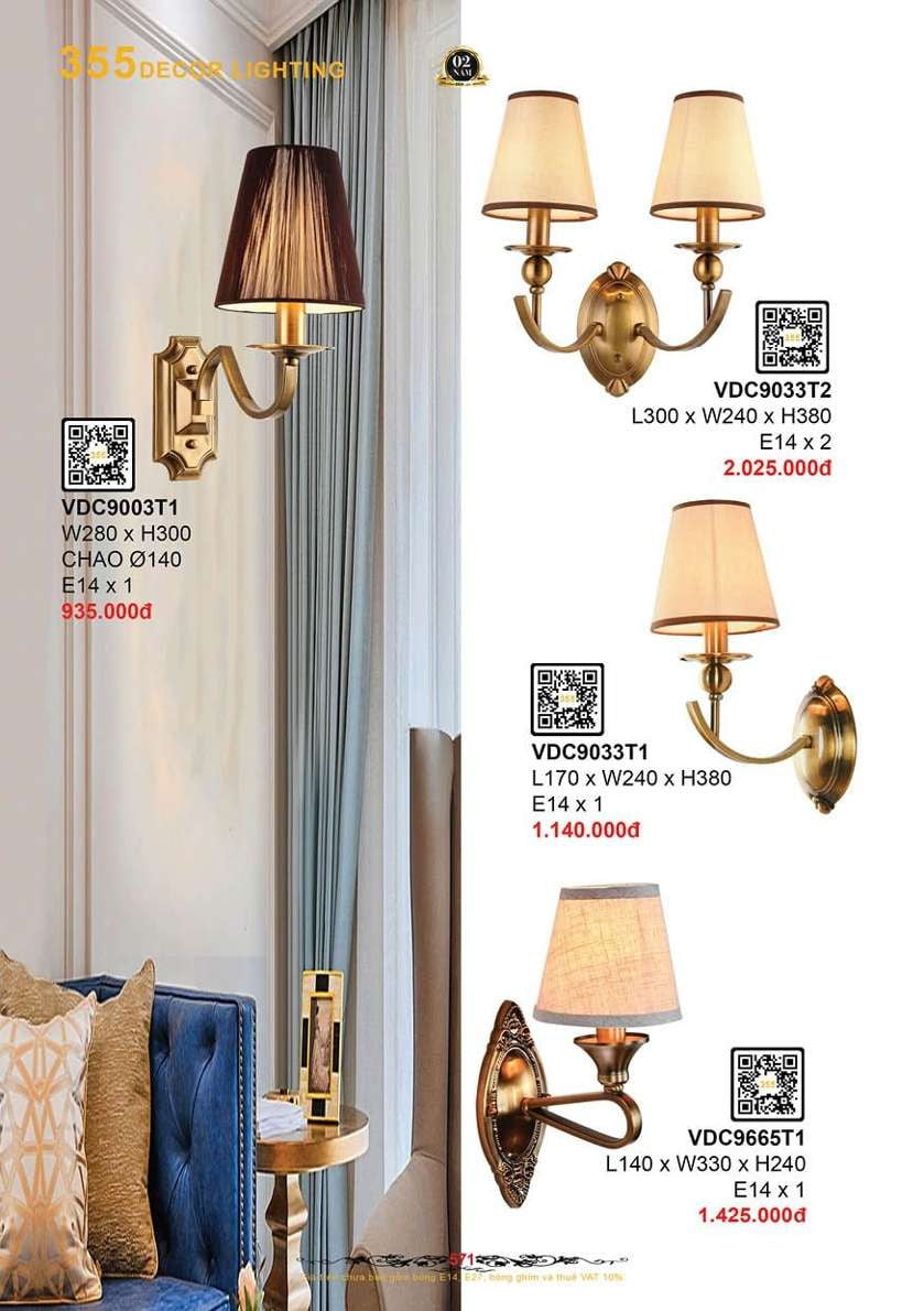 Đèn vách tường 355 Decor VDC9003T1, VDC9033T1, VDC9033T2, VDC9665T1
