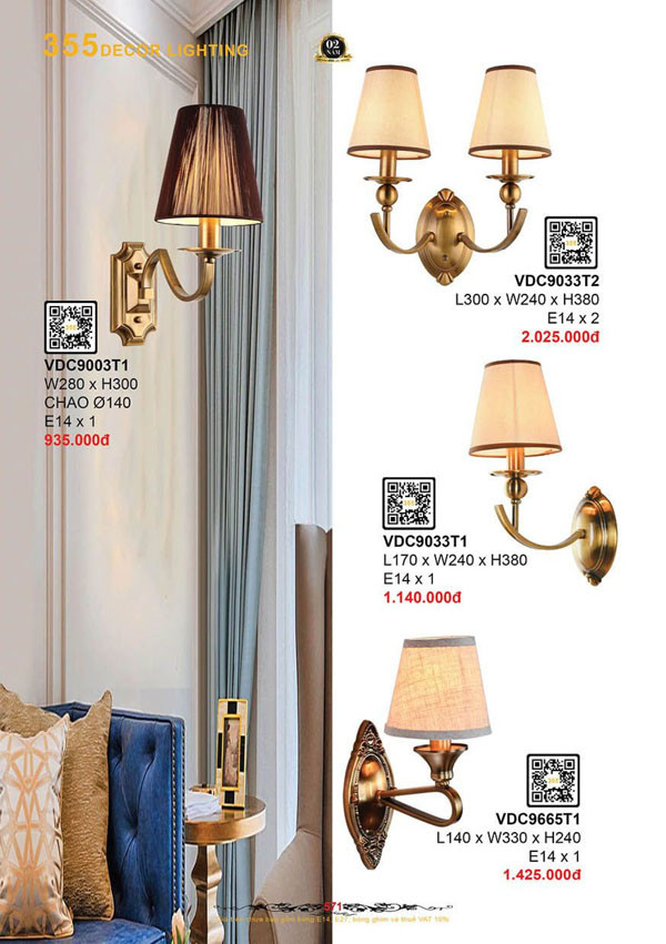 Đèn vách tường 355 Decor VDC9003T1, VDC9033T1, VDC9033T2, VDC9665T1