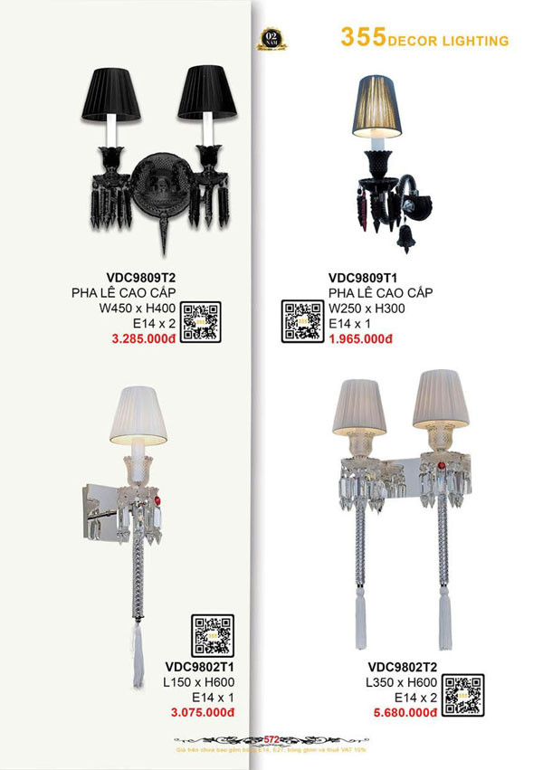 Đèn vách tường 355 Decor VDC9809T1, VDC9809T2, VDC9802T1, VDC9802T2
