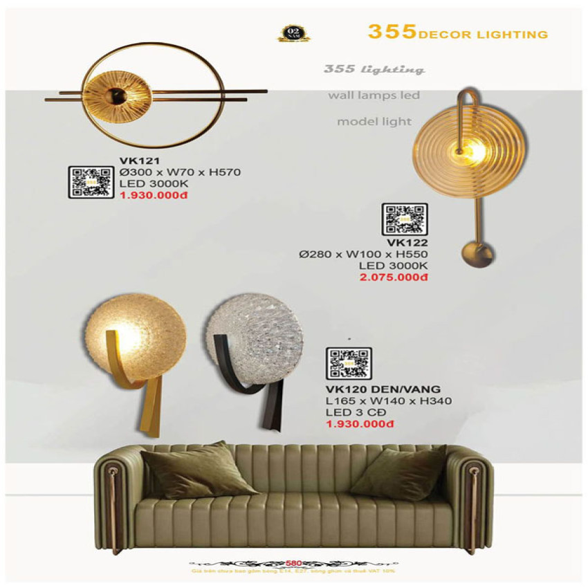 Đèn vách tường 355 Decor VK121, VK122, VK120 ĐEN/VÀNG