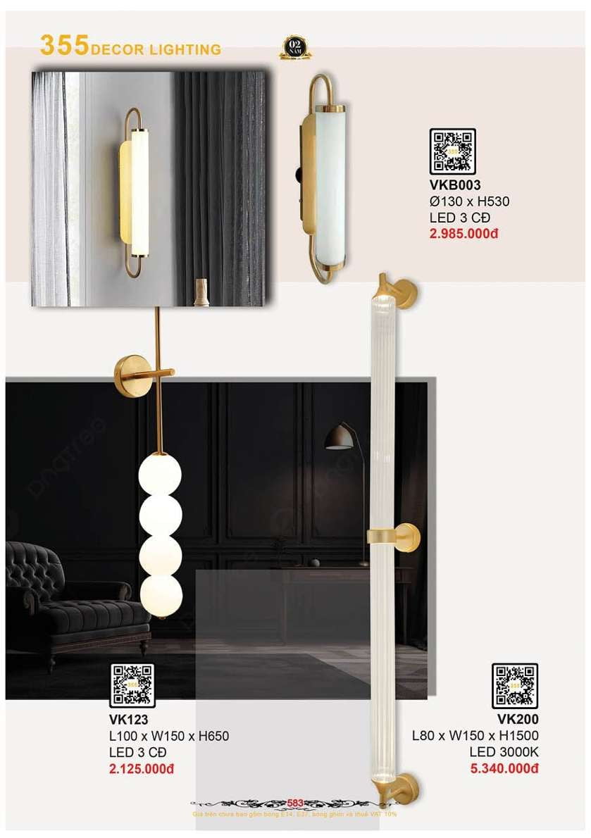 Đèn vách tường 355 Decor VK123, VK200, VKB003