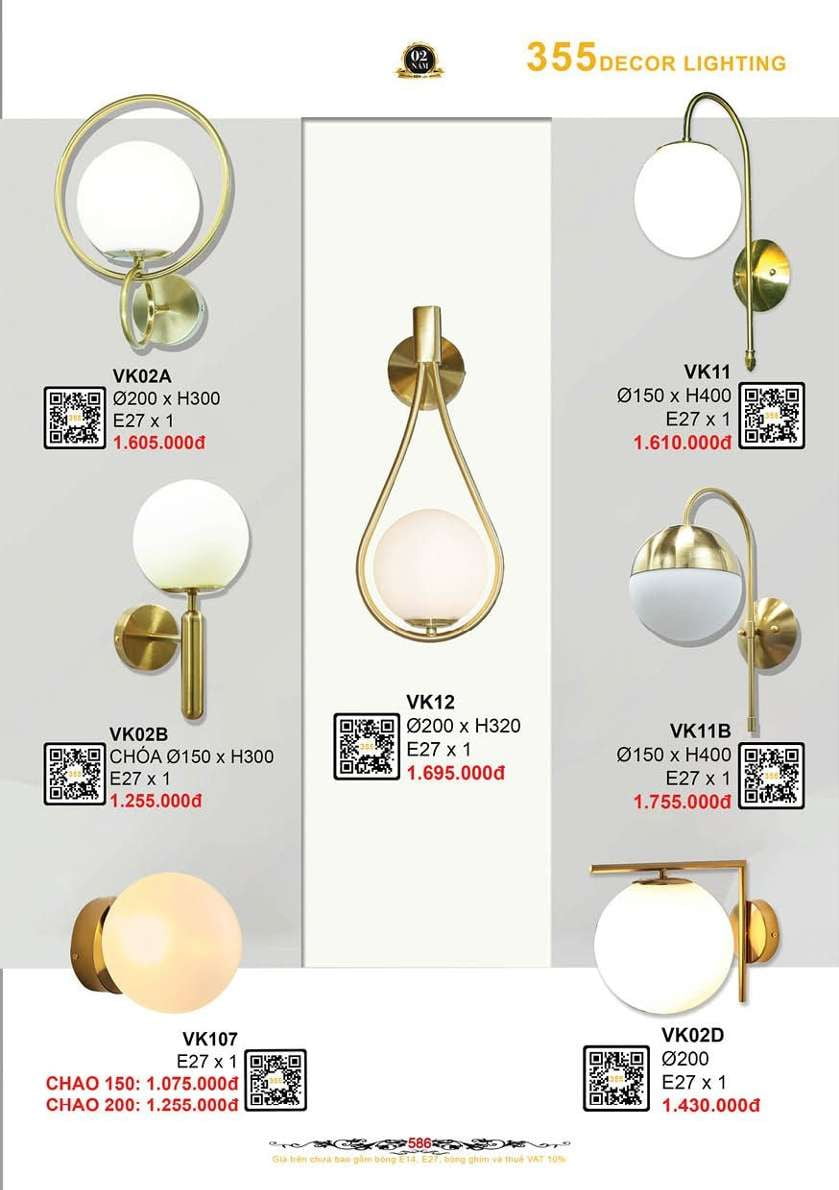 Đèn vách tường 355 Decor VK107, VK02A, VK02B, VK12, VK11, VK11B, VK02D