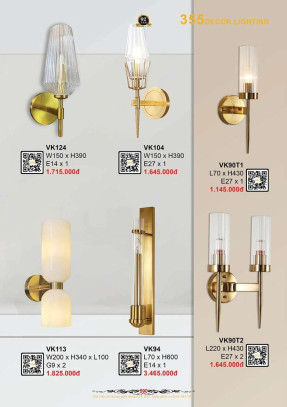 Đèn vách tường 355 Decor VK90T1, VK90T2, VK104, VK124, VK113, VK94