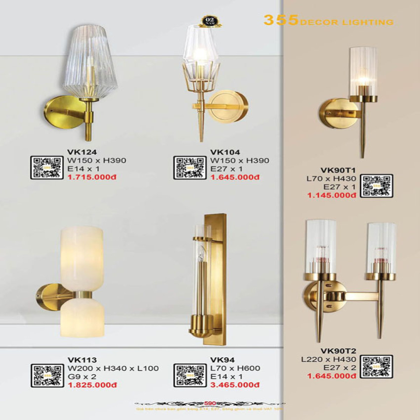 Đèn vách tường 355 Decor VK90T1, VK90T2, VK104, VK124, VK113, VK94