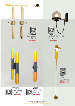 Đèn vách tường 355 Decor VT25T1, VT25T2, VK13, VK71, VK89
