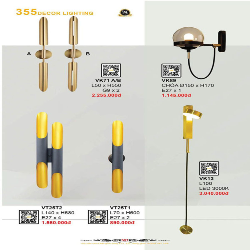 Đèn vách tường 355 Decor VT25T1, VT25T2, VK13, VK71, VK89