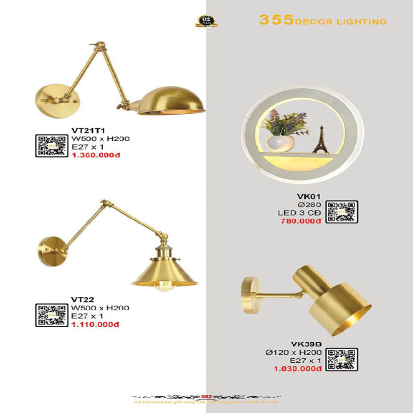 Đèn vách tường 355 Decor VK01, VK39B, VT21T1, VT22