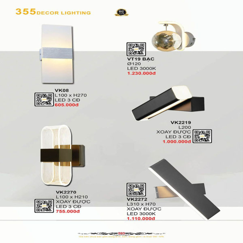 Đèn vách tường 355 Decor VK08, VK2270, VT19 BẠC, VK2219, VK2272