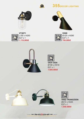 Đèn vách tường 355 Decor VK69, VT28T1, VK91 ĐEN, VK62