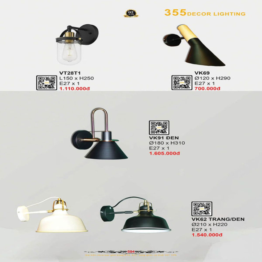Đèn vách tường 355 Decor VK69, VT28T1, VK91 ĐEN, VK62