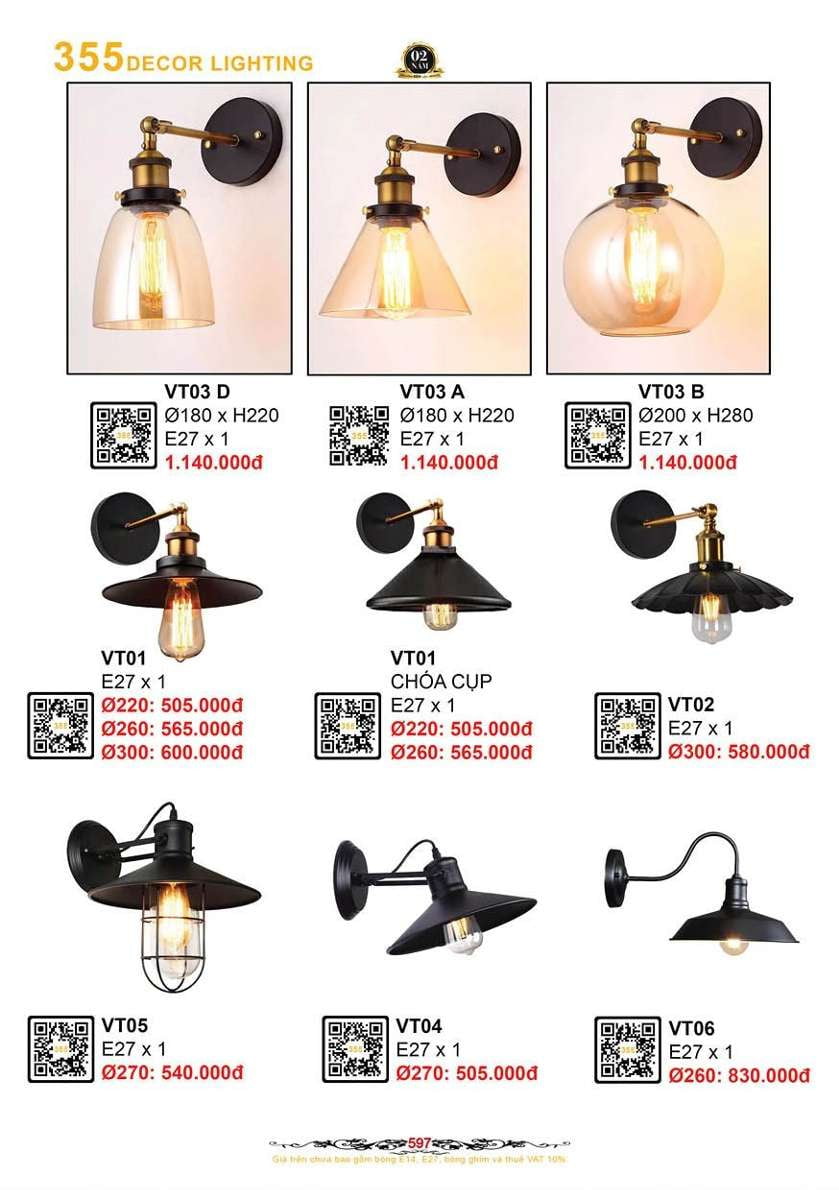 Đèn vách tường 355 Decor VT01, VT01 CHÓA CỤP, VT02, VT05, VT04, VT06, VT03 D, VT03 A, VT03 B