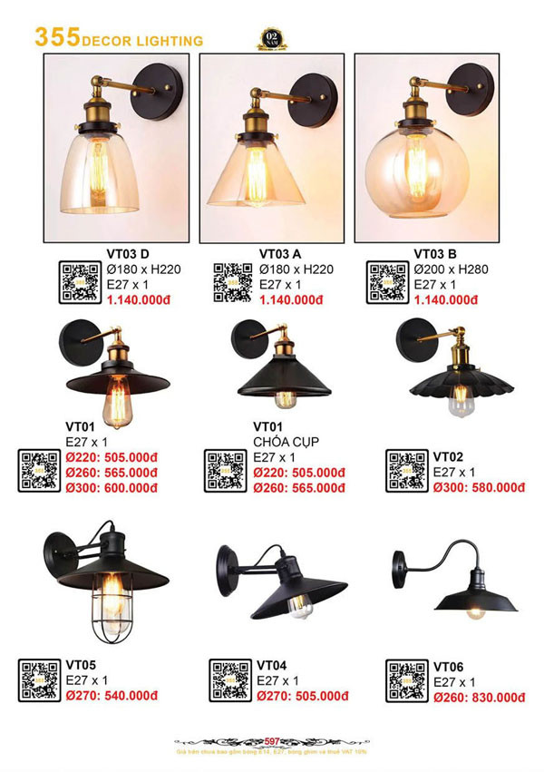 Đèn vách tường 355 Decor VT01, VT01 CHÓA CỤP, VT02, VT05, VT04, VT06, VT03 D, VT03 A, VT03 B