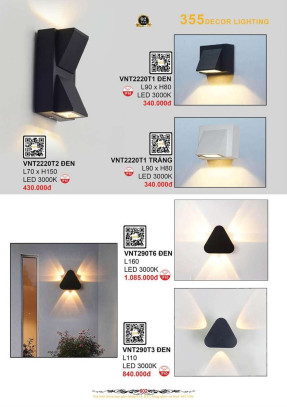 Đèn vách nghệ thuật 355 Decor VNT2220T1 ĐEN, VNT2220T1 TRẮNG, VNT2220T2 ĐEN, VNT290T6 ĐEN, VNT290T3 ĐEN