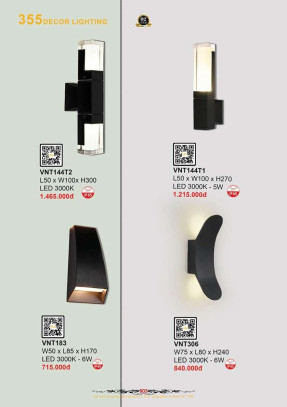 Đèn vách nghệ thuật 355 Decor VNT183, VNT306, VNT144T1, VNT144T2