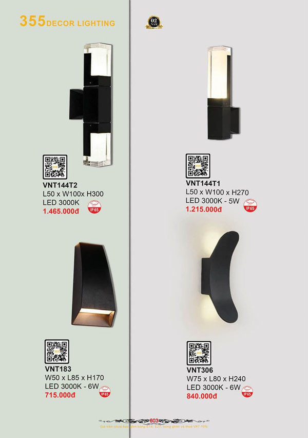 Đèn vách nghệ thuật 355 Decor VNT183, VNT306, VNT144T1, VNT144T2