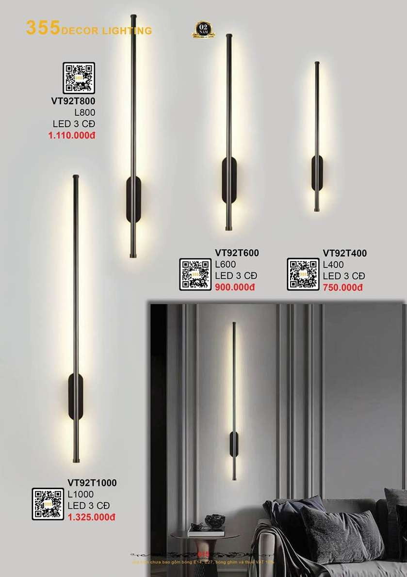 Đèn vách, đèn tường 355 Decor VT92T400, VT92T600, VT92T800, VT92T1000
