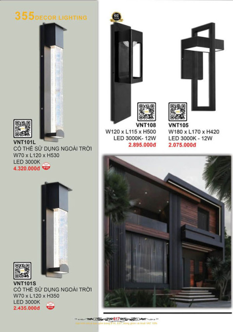 Đèn vách, đèn tường 355 Decor VNT105, VNT108, VNT101L, VNT101S