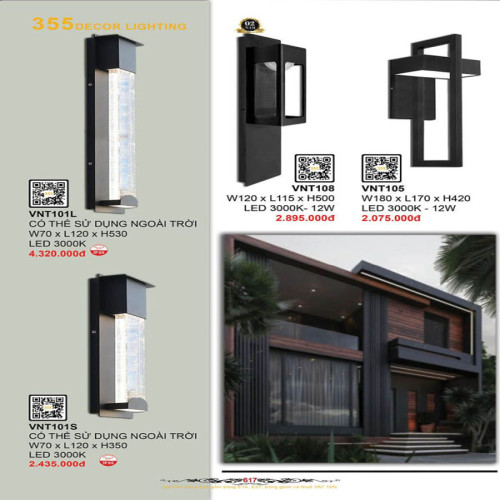 Đèn vách, đèn tường 355 Decor VNT105, VNT108, VNT101L, VNT101S