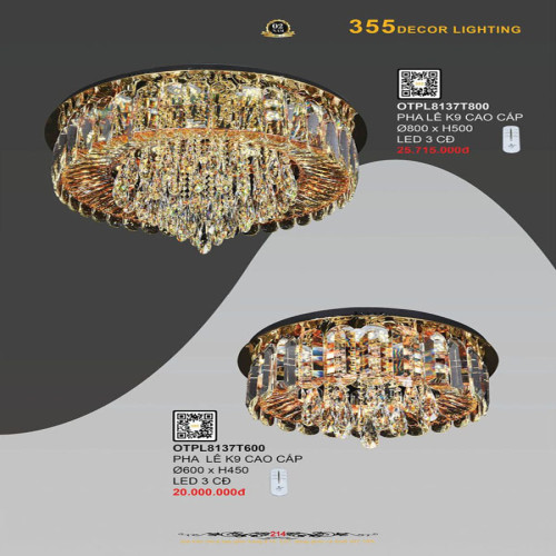 Đèn ốp trần pha lê 355 Decor OTPL8137T600, OTPL8137T800