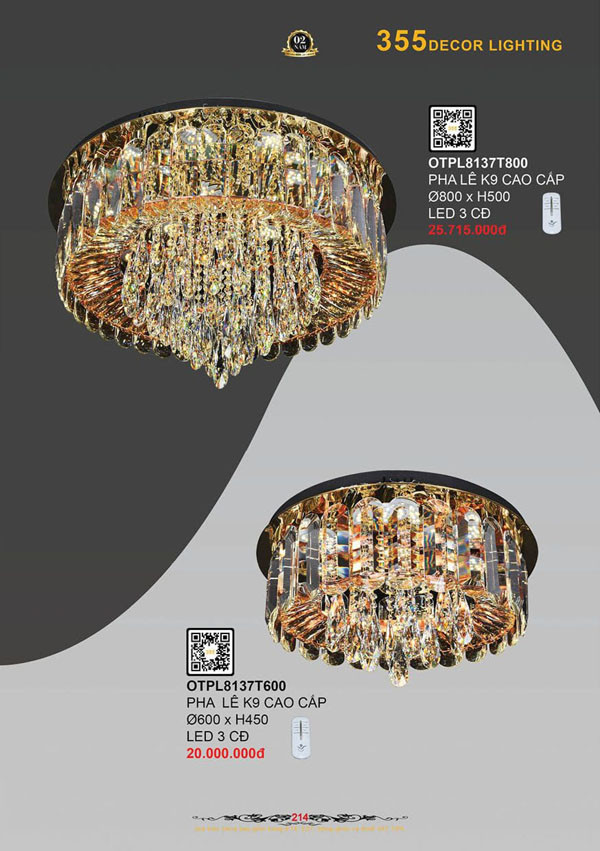 Đèn ốp trần pha lê 355 Decor OTPL8137T600, OTPL8137T800