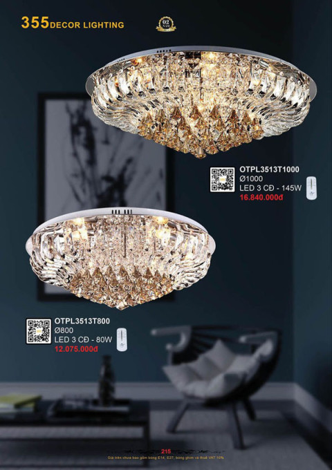 Đèn ốp trần pha lê 355 Decor OTPL3513T800, OTPL3513T1000