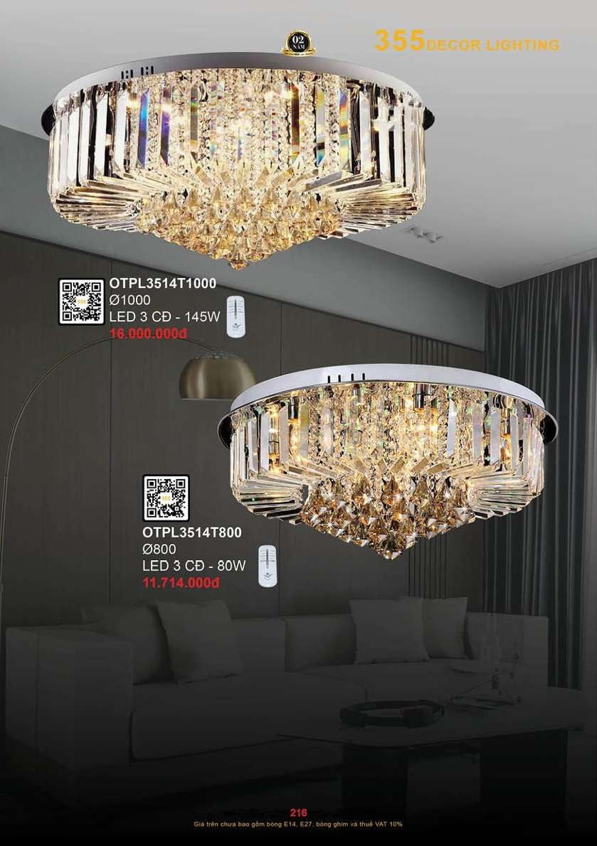 Đèn ốp trần pha lê 355 Decor OTPL3514T800, OTPL3514T1000