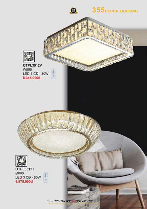 Đèn ốp trần pha lê 355 Decor OTPL3512T, OTPL3512V