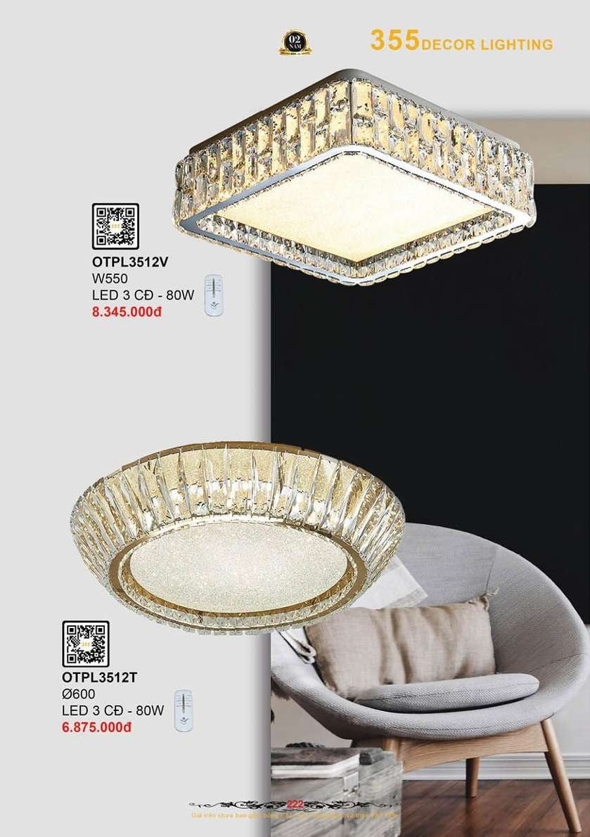 Đèn ốp trần pha lê 355 Decor OTPL3512T, OTPL3512V