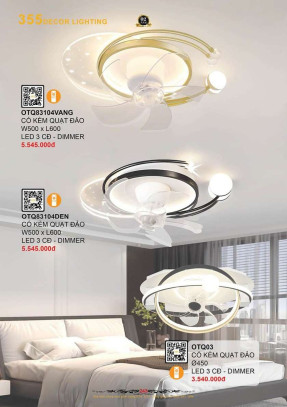 Đèn ốp trần quạt 355 Decor OTQ03, OTQ83104VANG, OTQ83104DEN