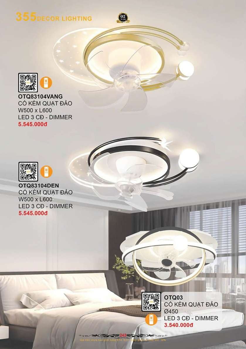 Đèn ốp trần quạt 355 Decor OTQ03, OTQ83104VANG, OTQ83104DEN