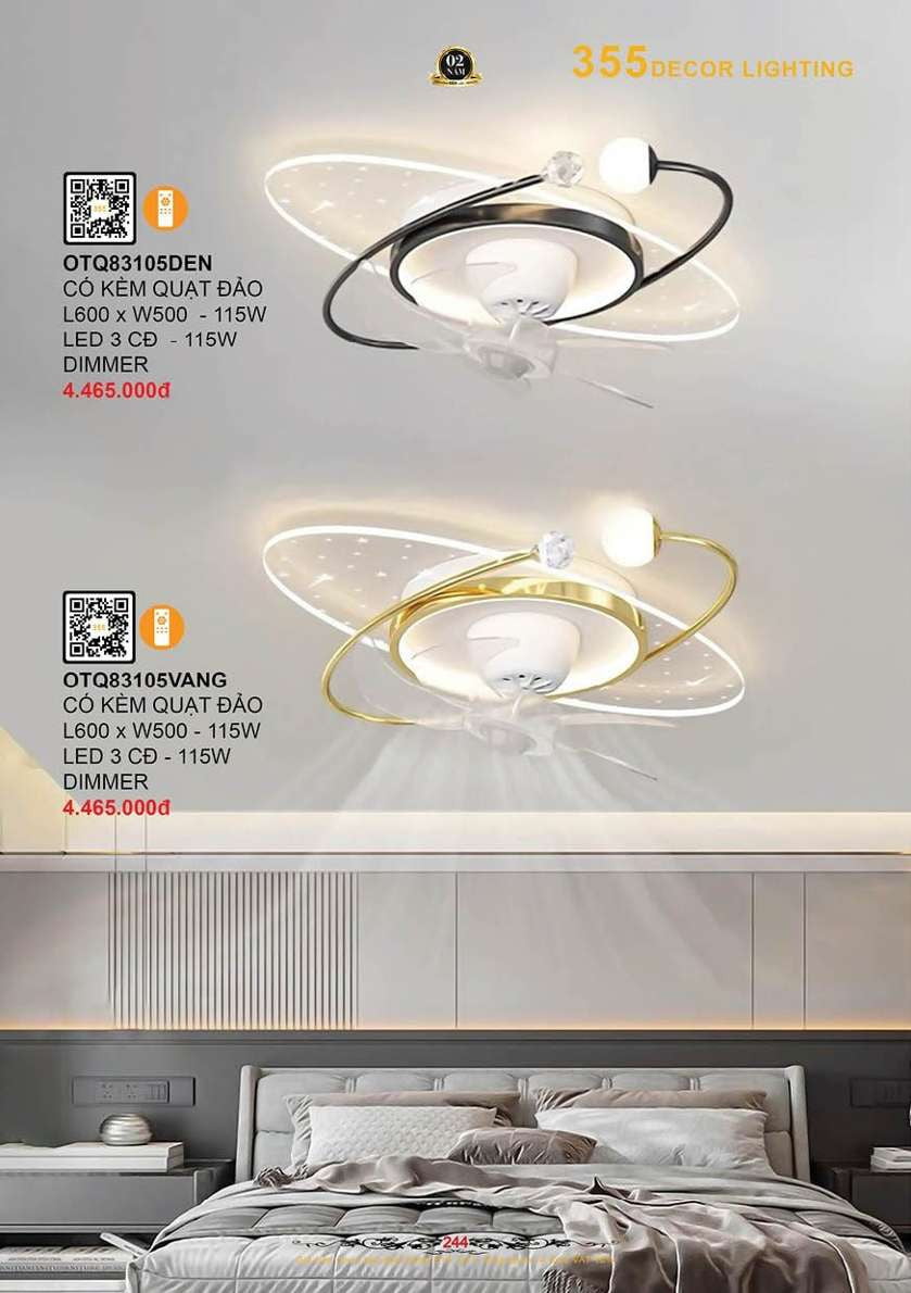 Đèn ốp trần quạt 355 Decor OTQ83105DEN, OTQ83105VANG