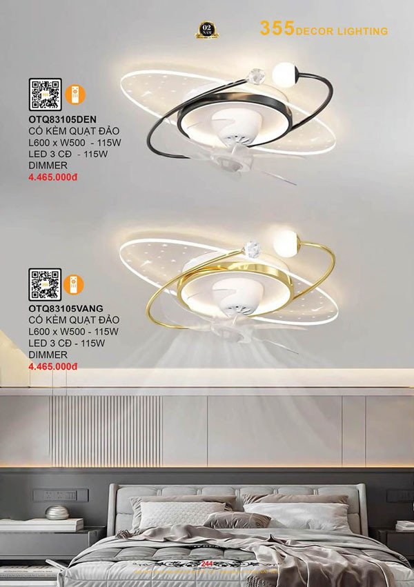 Đèn ốp trần quạt 355 Decor OTQ83105DEN, OTQ83105VANG
