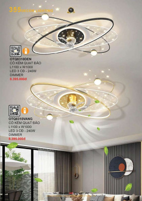 Đèn ốp trần quạt 355 Decor OTQ8310DEN, OTQ8310VANG