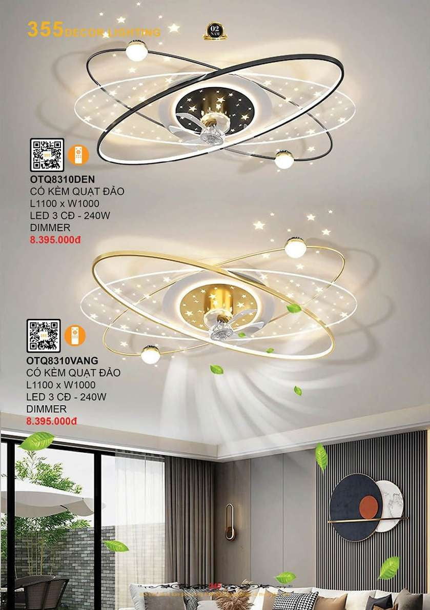 Đèn ốp trần quạt 355 Decor OTQ8310DEN, OTQ8310VANG
