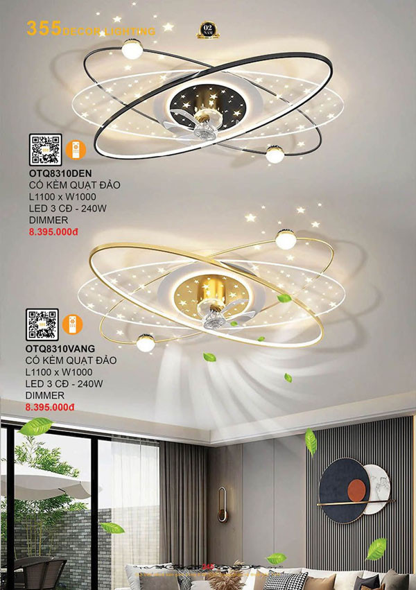 Đèn ốp trần quạt 355 Decor OTQ8310DEN, OTQ8310VANG