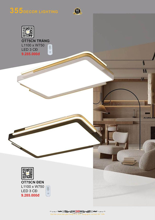 Đèn ốp trần 355 Decor OT75CN TRẮNG, OT75CN ĐEN