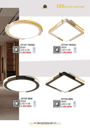 Đèn ốp trần 355 Decor OT75T TRẮNG, OT75V TRẮNG, OT75T ĐEN, OT75V ĐEN