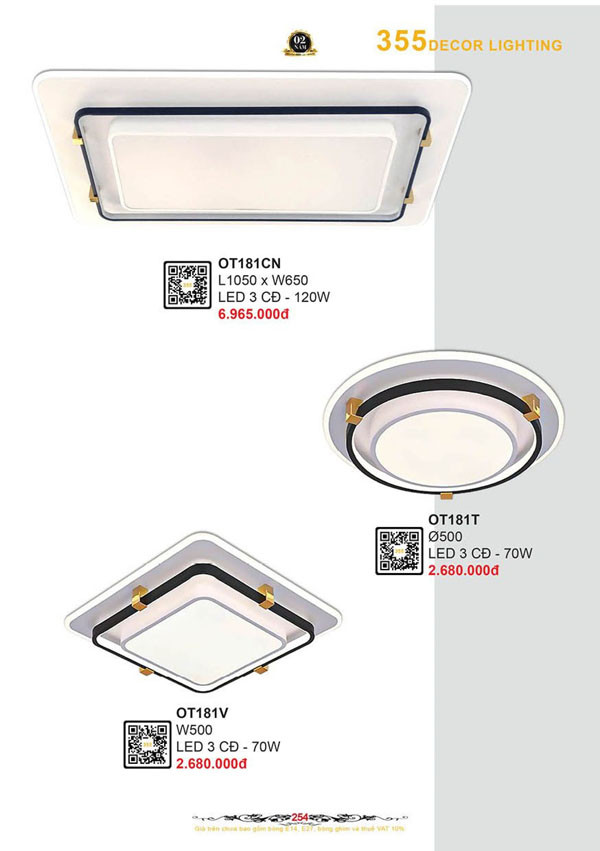 Đèn ốp trần 355 Decor OT181V, OT181T, OT181CN