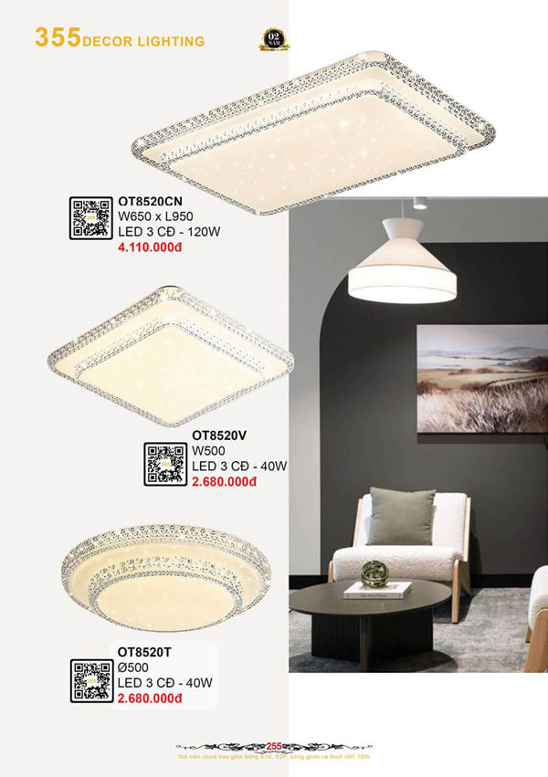 Đèn ốp trần 355 Decor OT8520T, OT8520V, OT8520CN