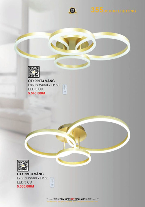 Đèn ốp trần 355 Decor OT1099T3 VÀNG, OT1099T4 VÀNG