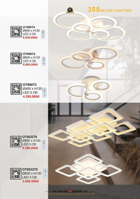 Đèn ốp trần 355 Decor OT8032T5, OT8032T8, OT998T3, OT998T4, OT998T6