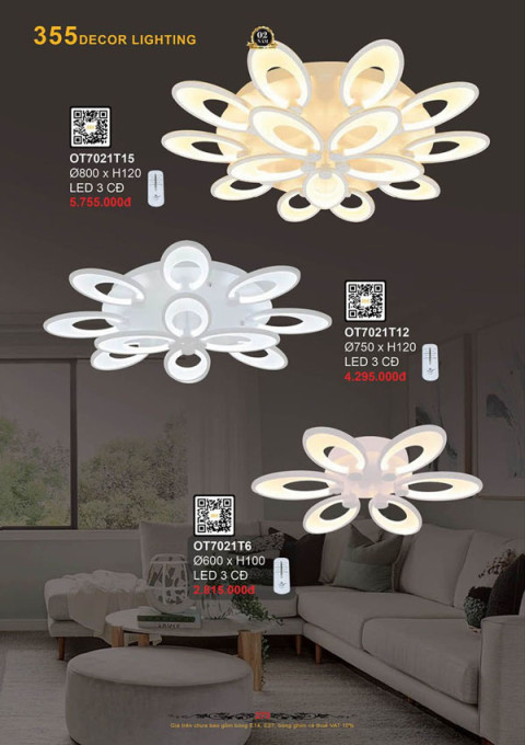 Đèn ốp trần 355 Decor OT7021T6, OT7021T12, OT7021T15