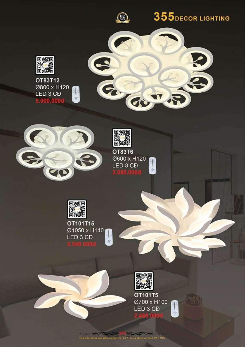 Đèn ốp trần 355 Decor OT101T5, OT101T15, OT83T6, OT83T12