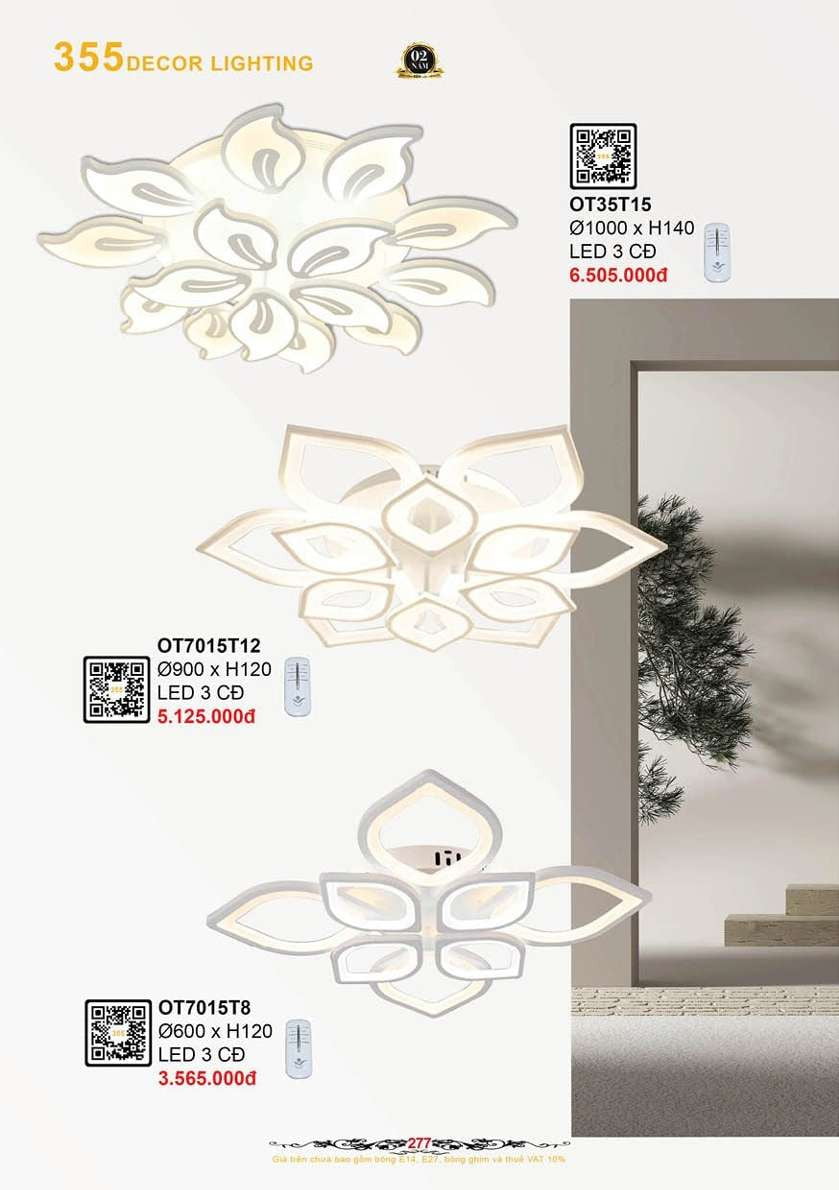 Đèn ốp trần 355 Decor OT7015T8, OT7015T12, OT7015T15