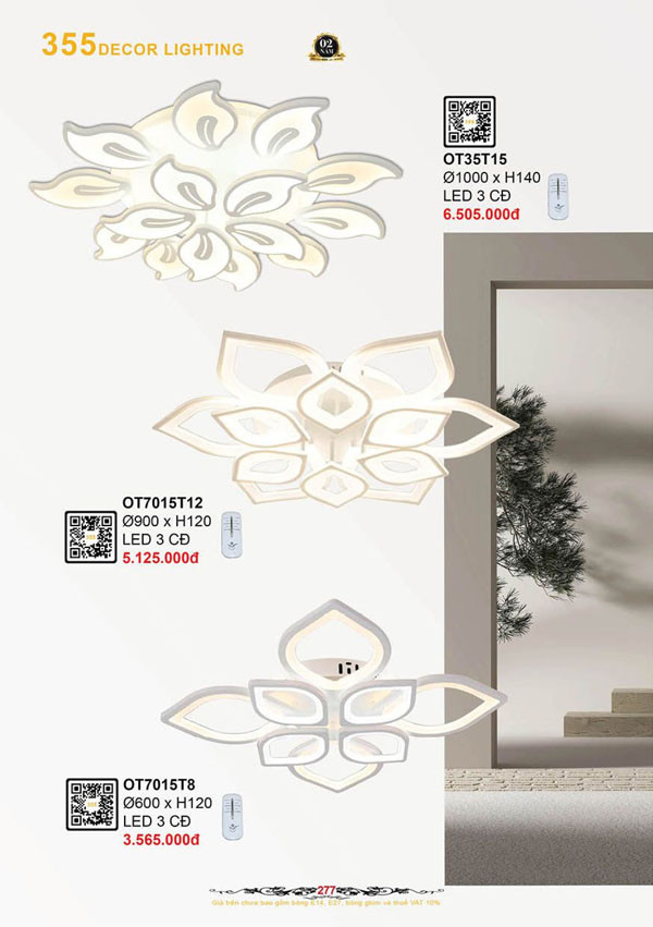 Đèn ốp trần 355 Decor OT7015T8, OT7015T12, OT7015T15
